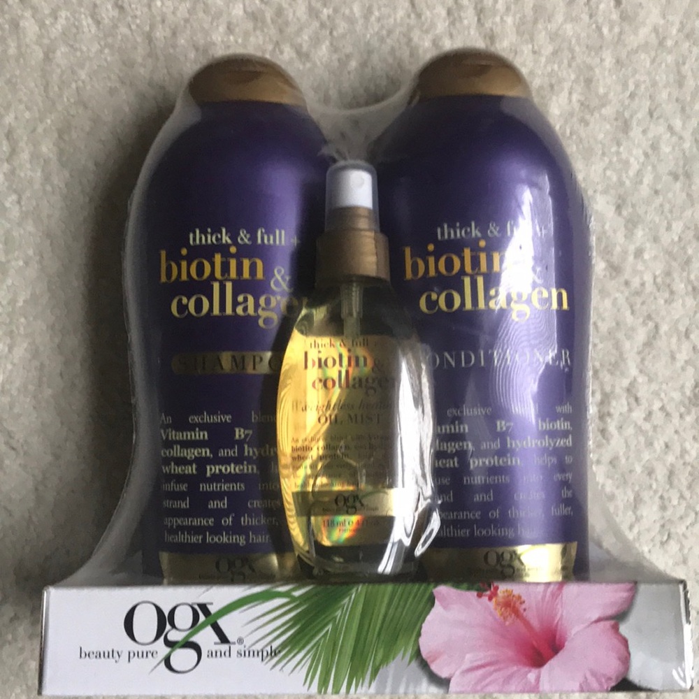 OGX Shampoo, Conditioner & Oil Mist hair care set.